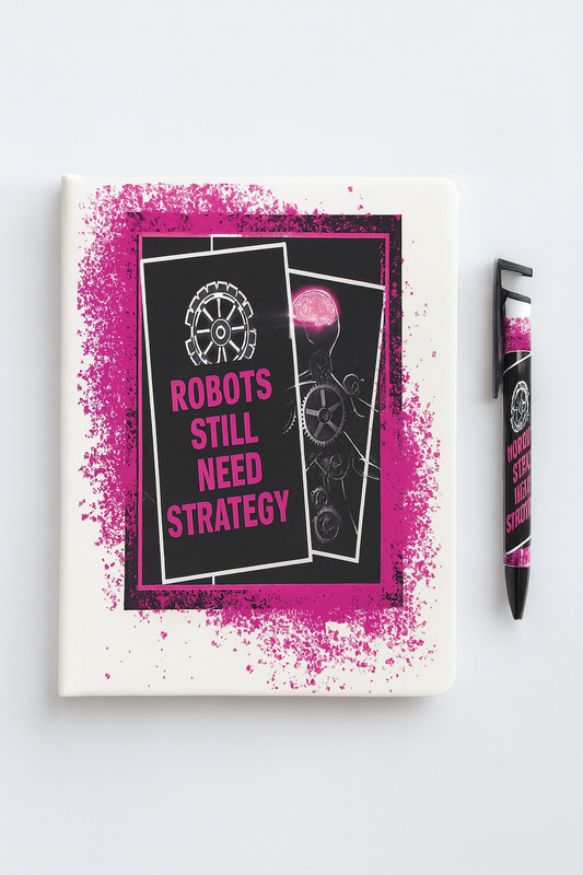 Notebook with 'Robots Still Need Strategy' design and a pen on a white background