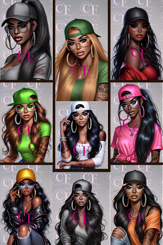 Black Woman Clipart: Urban Girl Art with Rhinestone Glasses and Tattoos – 40 PNG Digital Download