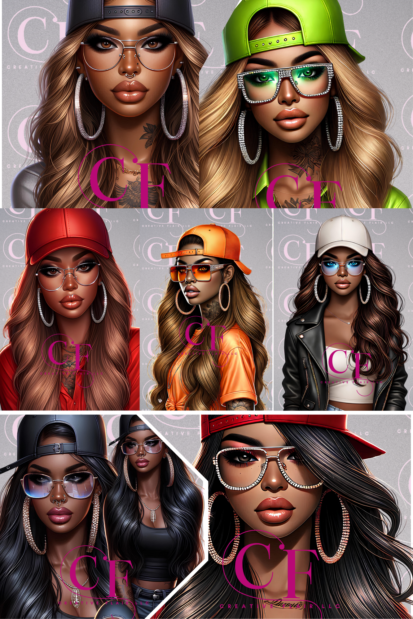 Black Woman Clipart: Urban Girl Art with Rhinestone Glasses and Tattoos – 40 PNG Digital Download