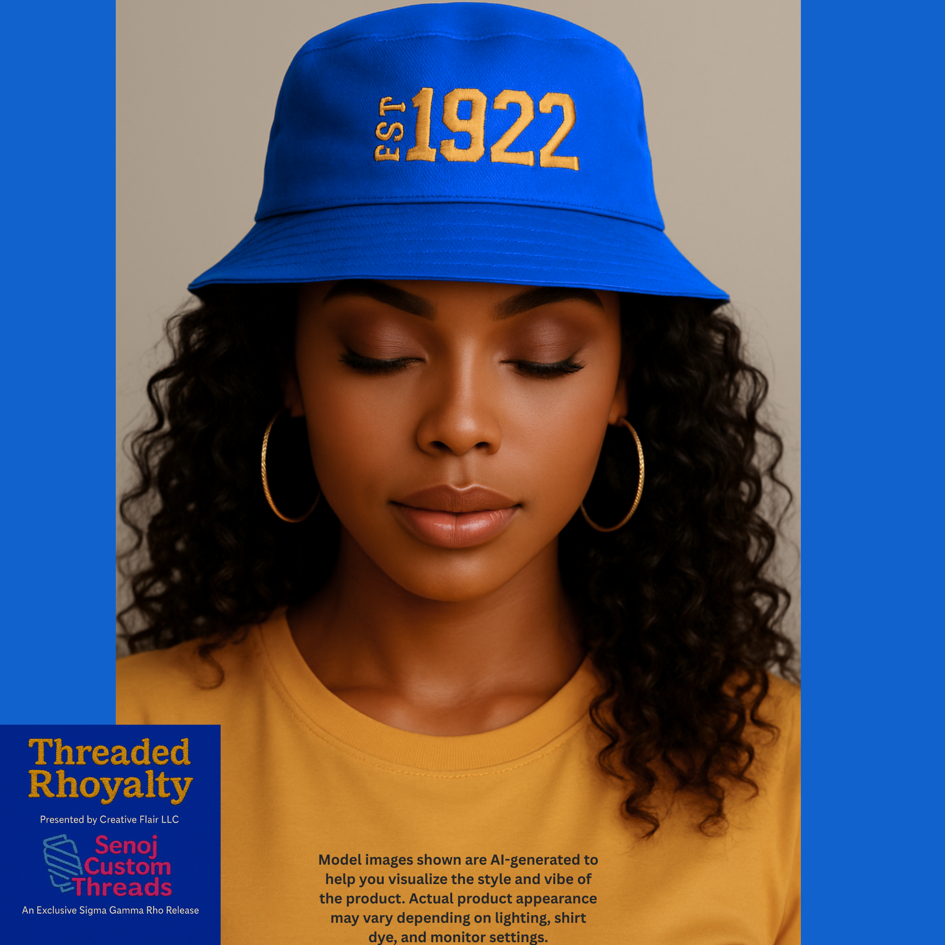 Royal blue bucket hat embroidered with EST 1922 in bold gold lettering – stylish Greek sorority hat for Black Greek life pride