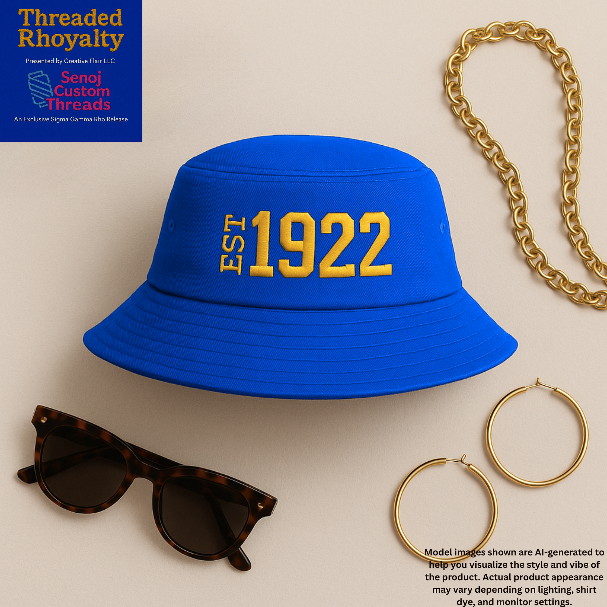 Royal blue bucket hat embroidered with EST 1922 in bold gold lettering – stylish Greek sorority hat for Black Greek life pride
