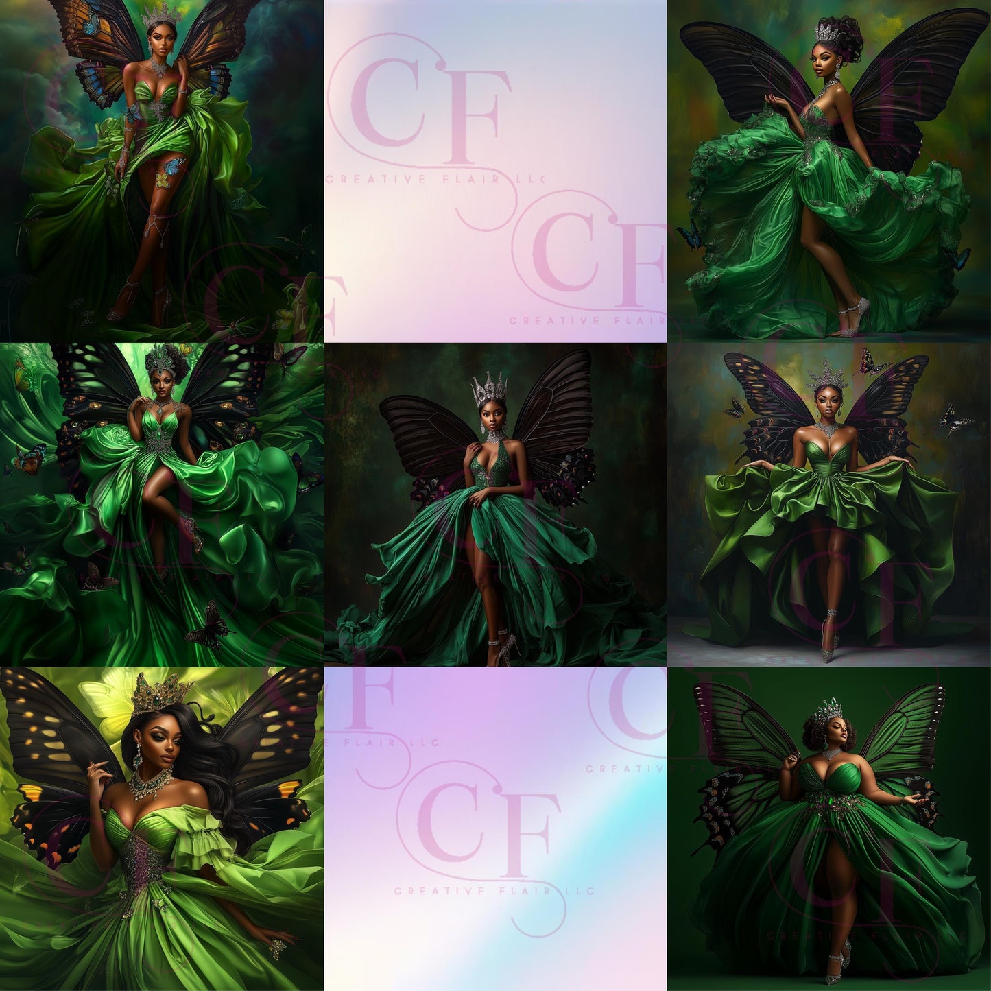 African American Queen Digital Art Bundle | Fantasy Gowns & Butterfly Wings | High-Quality 30+ PNG Downloads