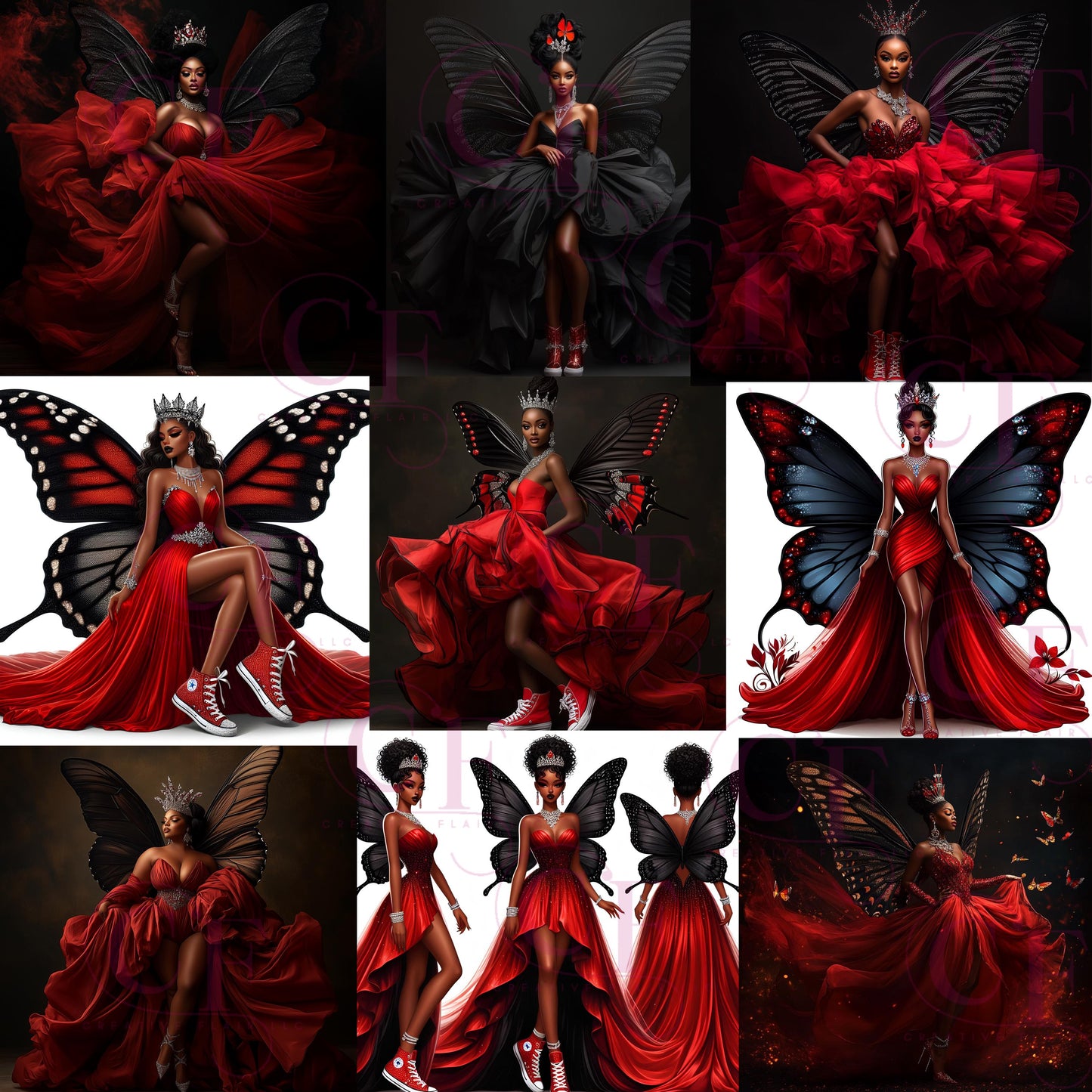 African American Queen Digital Art Bundle | Fantasy Gowns & Butterfly Wings | High-Quality 30+ PNG Downloads