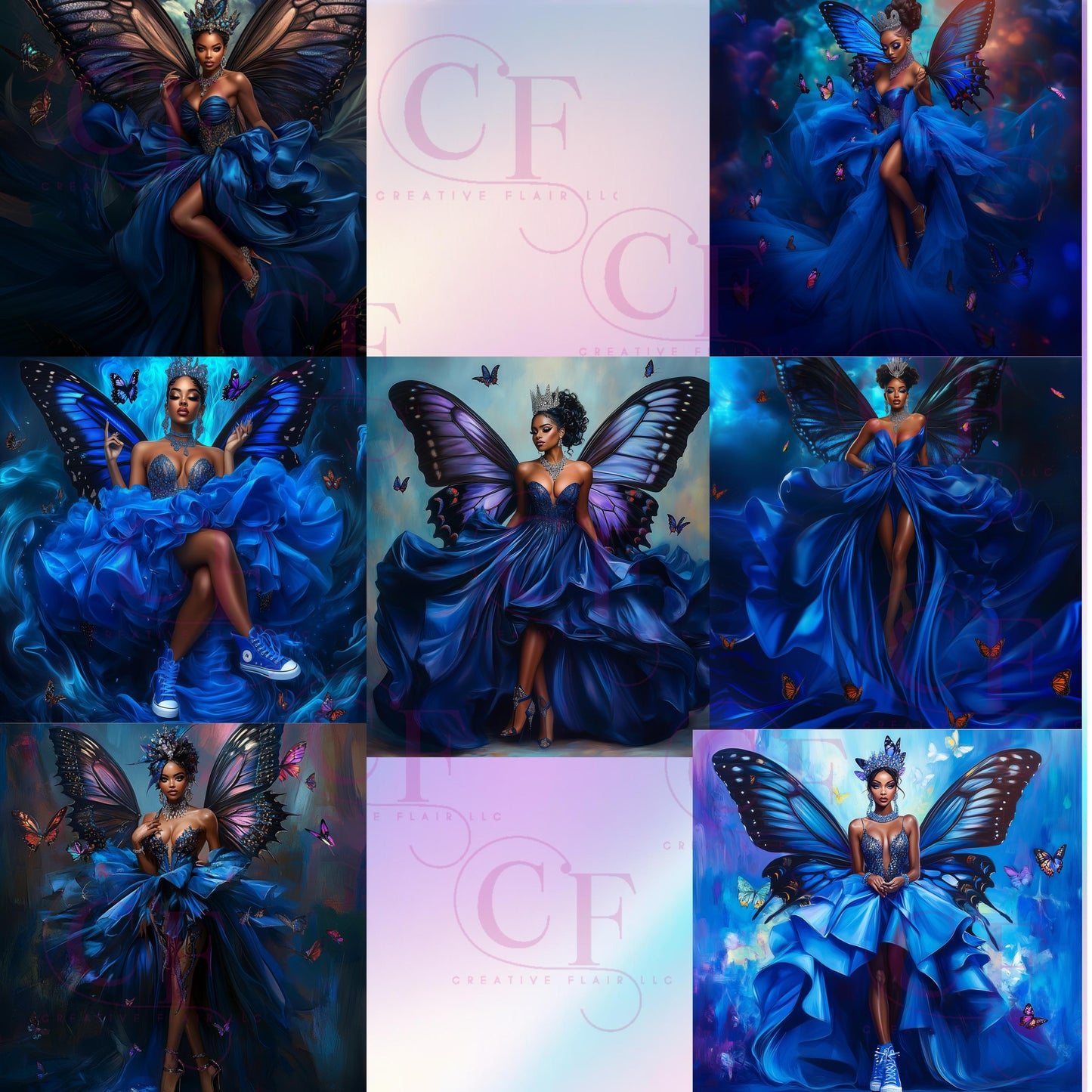 African American Queen Digital Art Bundle | Fantasy Gowns & Butterfly Wings | High-Quality 30+ PNG Downloads