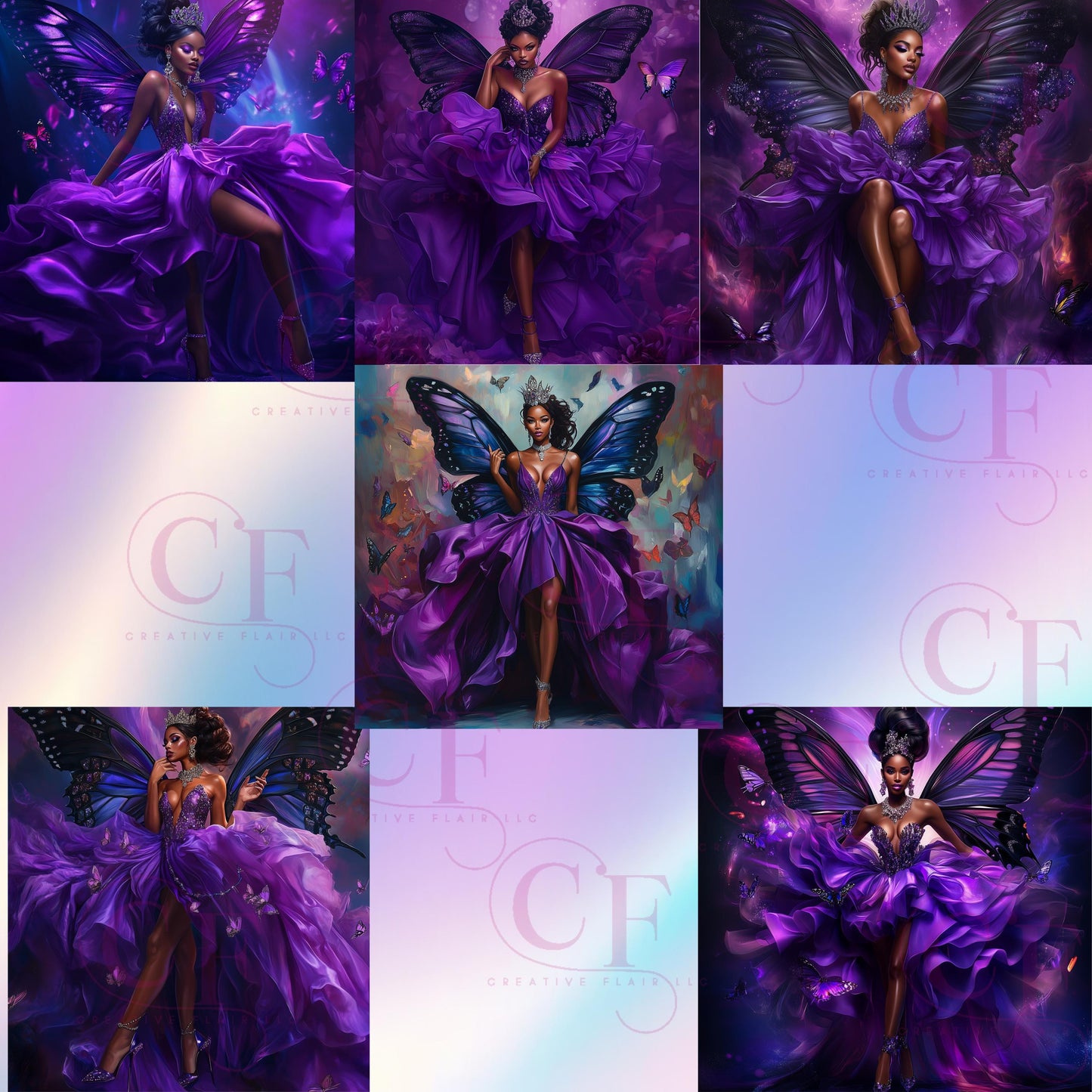 African American Queen Digital Art Bundle | Fantasy Gowns & Butterfly Wings | High-Quality 30+ PNG Downloads