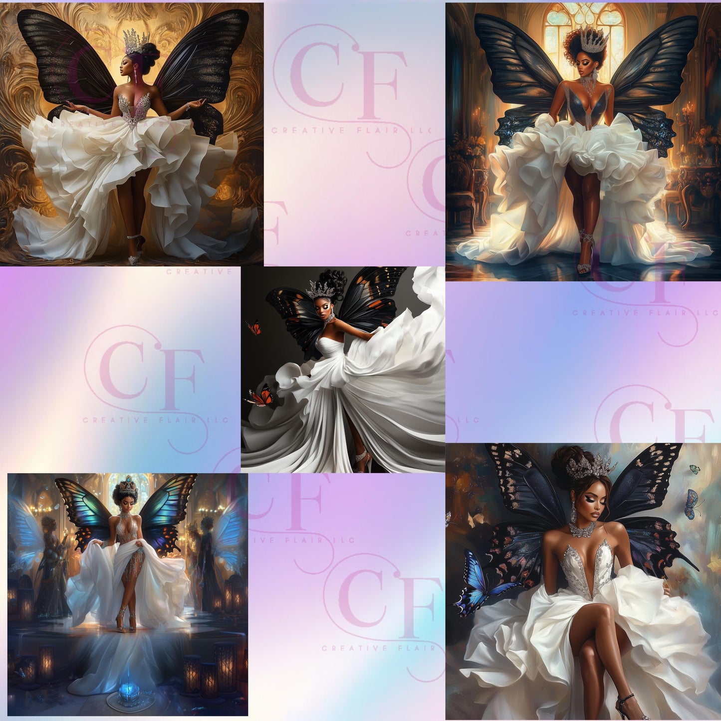 African American Queen Digital Art Bundle | Fantasy Gowns & Butterfly Wings | High-Quality 30+ PNG Downloads