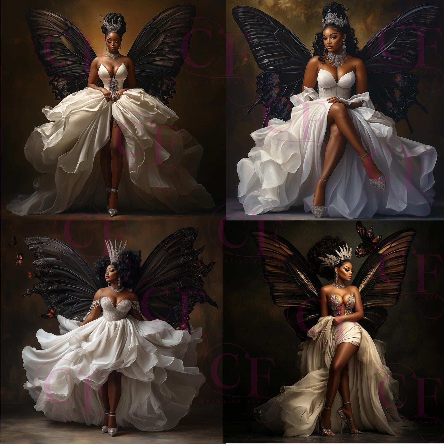 African American Queen Digital Art Bundle | Fantasy Gowns & Butterfly Wings | High-Quality 30+ PNG Downloads